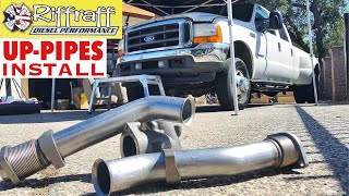 2001 F350 73  RiffRaff UpPipes Install  Stock up pipes leaking and falling apart JUNK SP [upl. by Ycrem47]